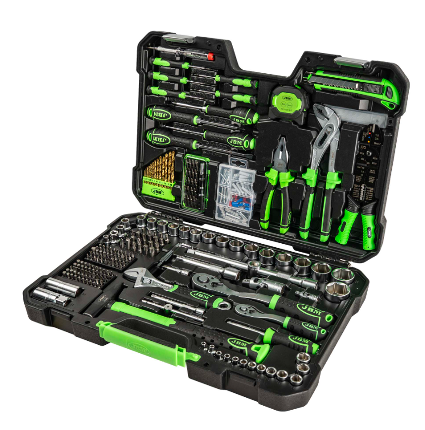 Set di Utensili in Valigetta 302 Pezzi JBM con Bussole Esagonali 1/4" e 1/2" e Punte Cobalto - Finitura Zincata