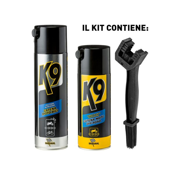 Kit box manutenzione catena (spray pulisci catena + spray lubrificante catena + spazzola catena)