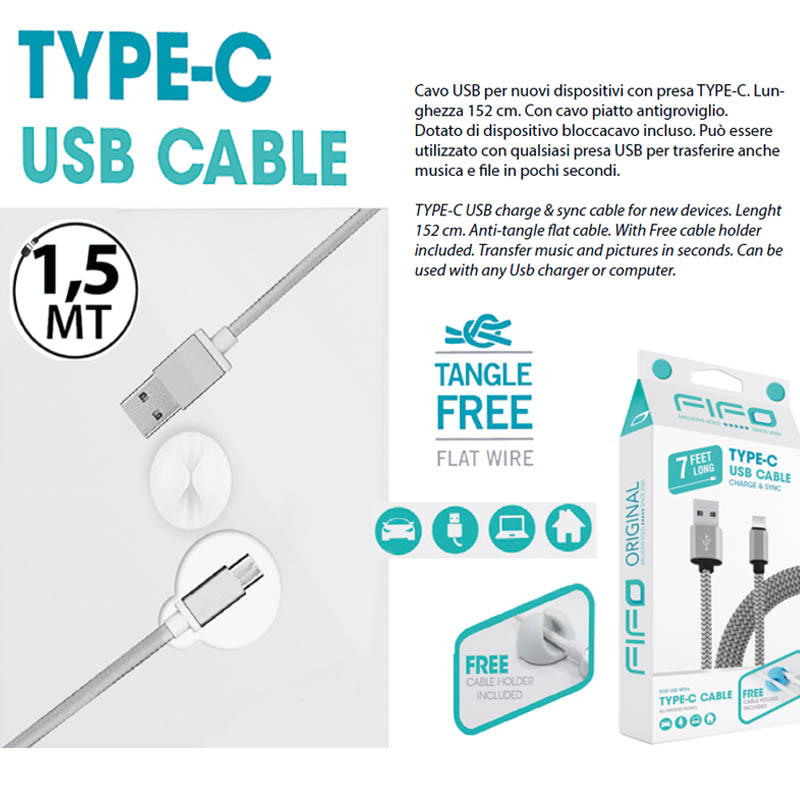 Cavo USB per dispositivi con presa TYPE C - Antigroviglio 1,5 mt - immagine 2
